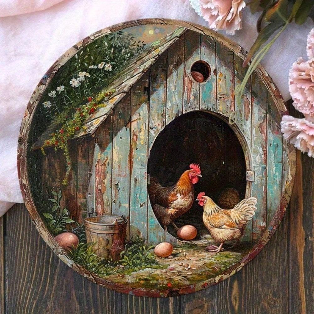 Винтажная металлическая табличка с курицей, деревенское круглое жестяное настенное искусство, 8x8 дюймов, погодоустойчивое украшение для фермерского дома, для патио, сада
