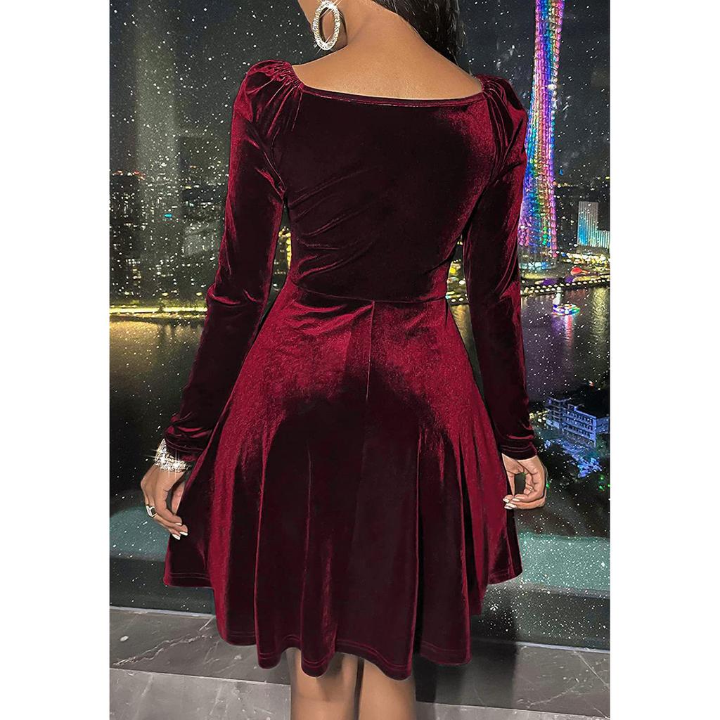 Женское бархатное платье на весну и осень, черное, красное, зеленое, с длинным рукавом и v-образным вырезом, тонкие мини-платья трапециевидной формы