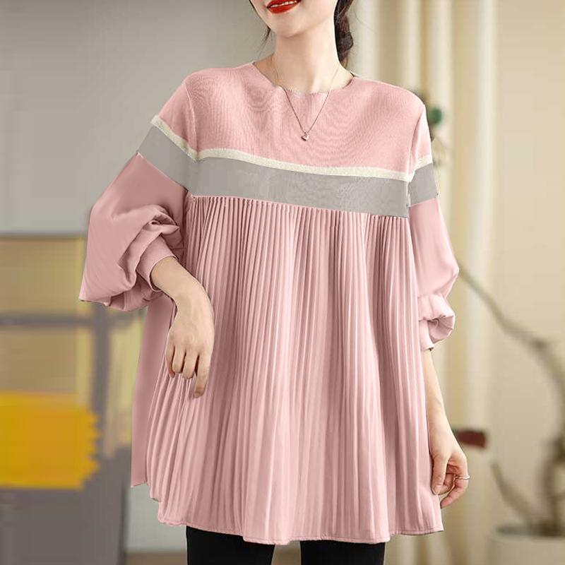 ZANZEA Женская повседневная свободная блузка с длинным рукавом и круглым вырезом