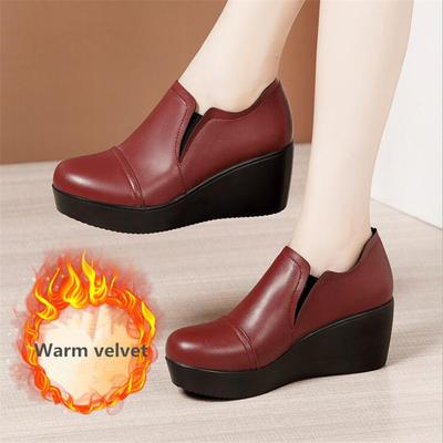 Высокие каблуки Женская обувь Осень Зима Женская кожаная меховая повседневная обувь Модная водонепроницаемая танкетка Платформа Туфли женские