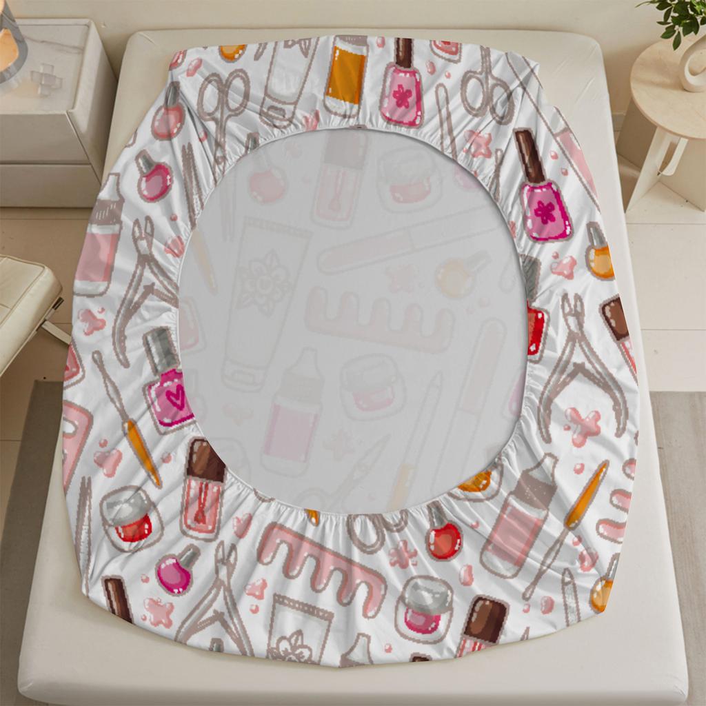 3pcs White Fitted Sheet Sets 100% Polyester For Girls Decor Nail Polish Tools And Hearts Printed Flat Sheet With 2Pillowcases