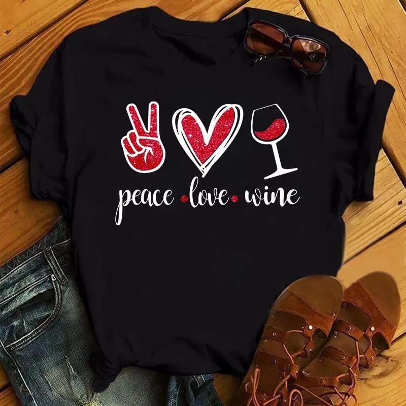 Футболка с принтом Peace Love Wine, женская свободная футболка с короткими рукавами и круглым вырезом, летняя женская футболка, топы, одежда Camisetas Mujer