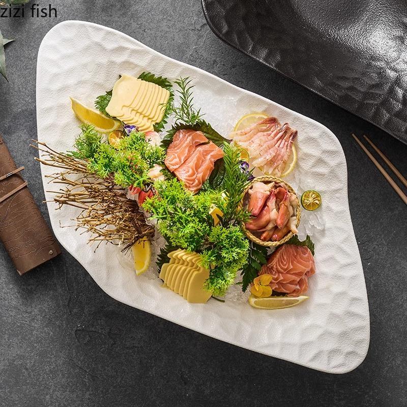 Solid Color Ceramic Sashimi Plate Irregular Salmon Dry Ice Plate Seafood Display Plate Service Dish Molecular Cuisine Tableware