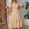 YYFS Женская мода лето весна цветочный принт с коротким рукавом V-образным вырезом с высокой талией повседневные платья