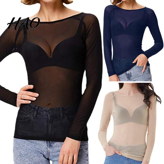 Lightweight Long Sleeve Tops Sexy Skinny See-through Black Mesh Pullover O-Neck Solid Color Transparent Punk Club Tee Shirt Women Sheer Blouses