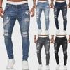 Трансграничные европейские и американские мужские модные узкие джинсы с молнией и разрывами на коленях
