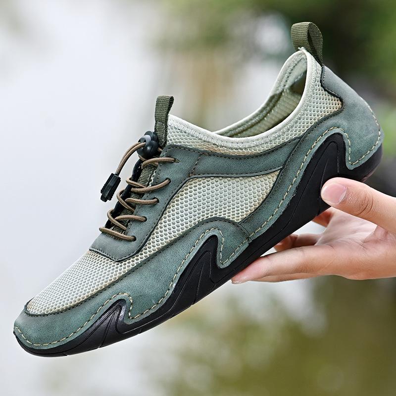 Весна и лето Новые мужские повседневные туфли для вождения с мягкой подошвой из кожи Летние дышащие кроссовки с сетчатой поверхностью