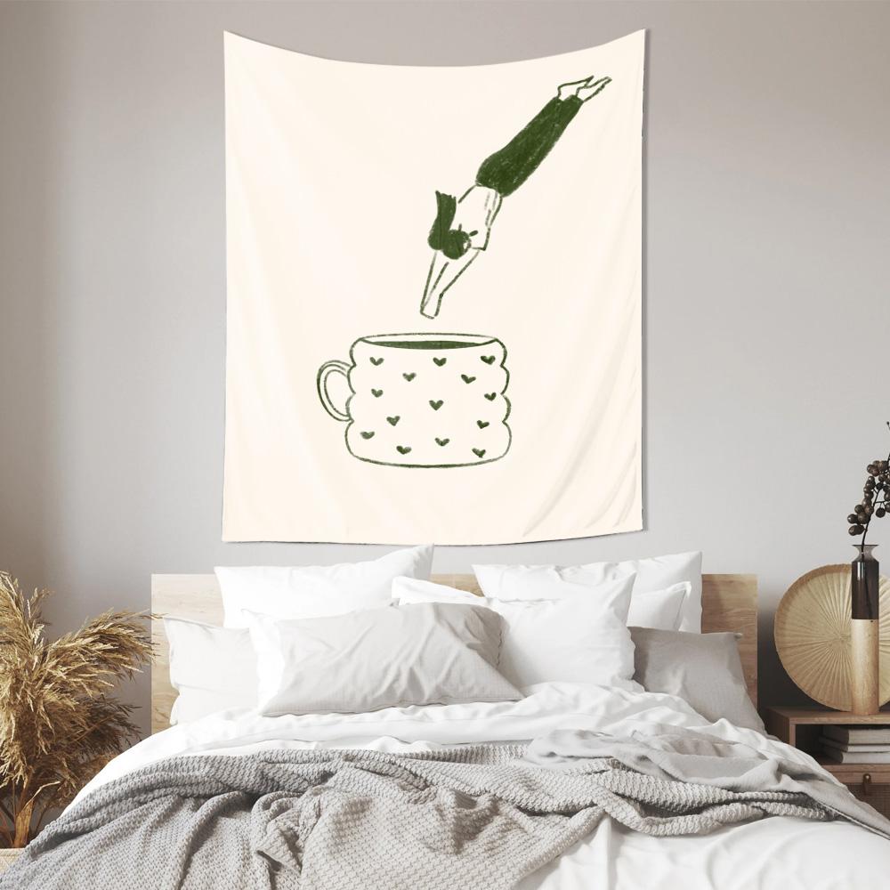 Green Tea Cup With Leaf Pouring Wall Tapestry Machine Washable All Season Decor Print Minimalist Design Home nontoxic material