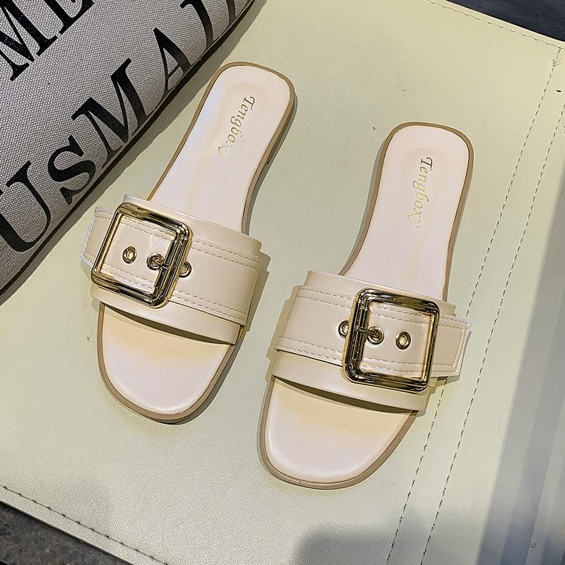 Slippers Women's Summer Is Good To Wear Square Buckles, One-word Drag Women's Flat-bottomed Sandals Are Fashionable and Casual