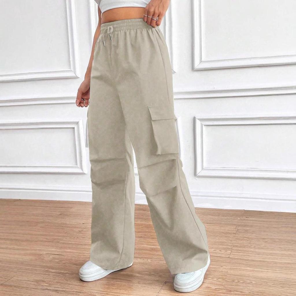 2025 Spring/Fall Elastic Waist Drawstring High-Waist Cargo Pants for Women—Loose Fit, Flap Pockets, Commuter Style.