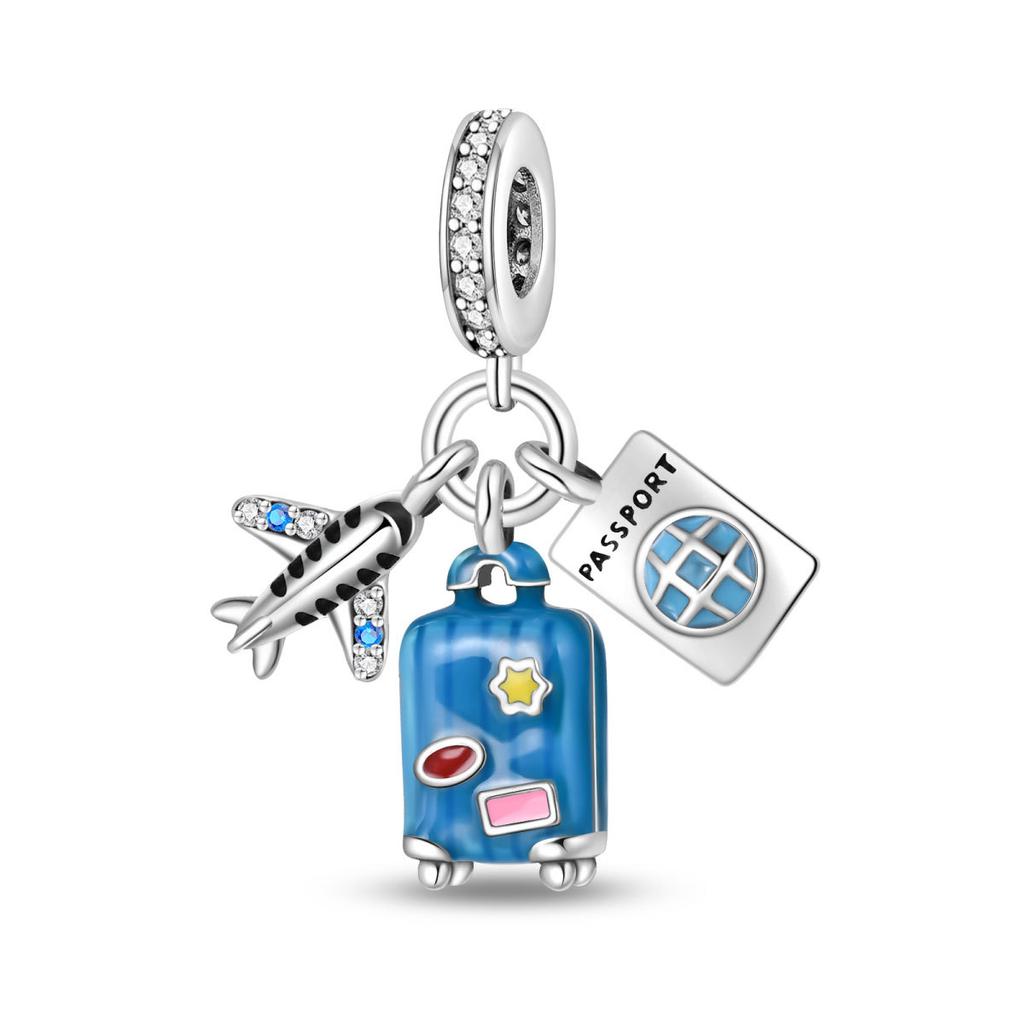 S925 Silver Travel Vacation Airplane Luggage Tag Pendant DIY  Beaded Charm Accessory