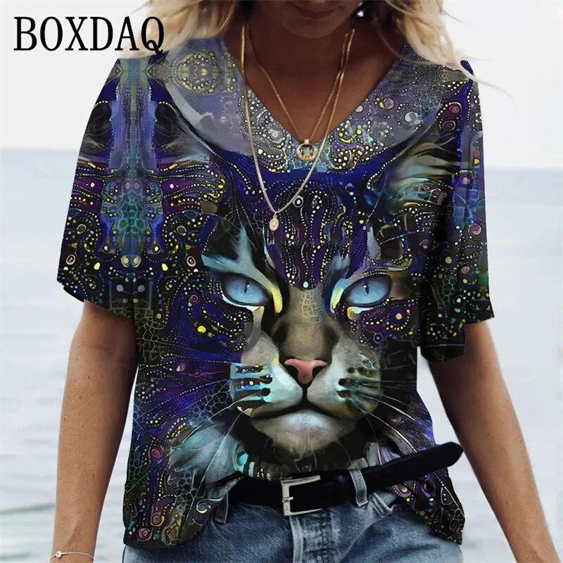 Женские футболки с принтом котов и героями мультфильмов, рубашки большого размера с v-образным вырезом для девочек, повседневные топы Kawaii, летние уличные женские футболки с короткими рукавами