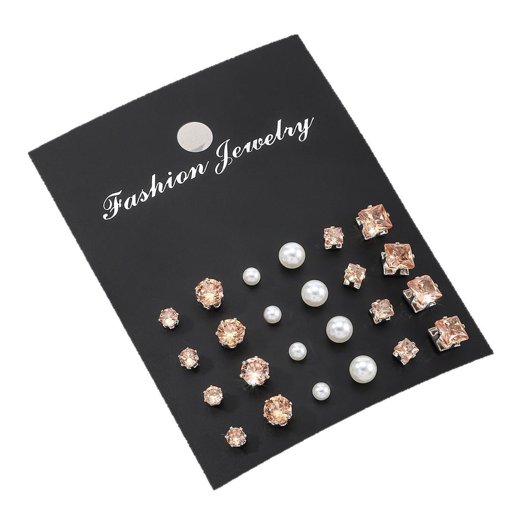 Popular simple pair of zircon pearl stud earrings, earrings, colored diamonds, temperament, six-claw diamonds.