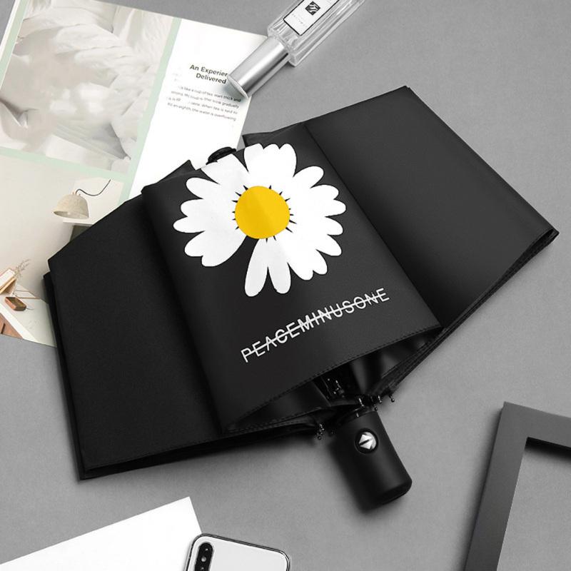 Автоматический складной зонт для женщин, черная краска, ромашка, ультрафиолетовый зонт