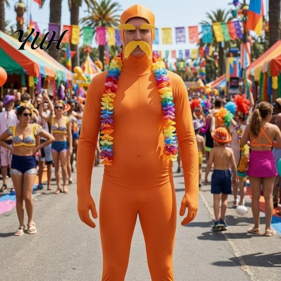 Solid Color Costume Orange Full Bodysuit for Kids Adults, with Belly, Yellow Mustache & Eyebrows, Stretchy Zentai Suit Men Women Open Face Suit,