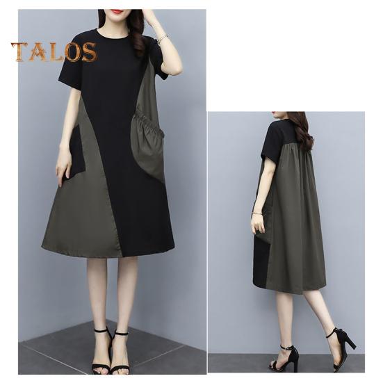 Женское платье миди с круглым вырезом и коротким рукавом, свободное летнее платье с карманами, цвет пэчворк, легкое повседневное платье