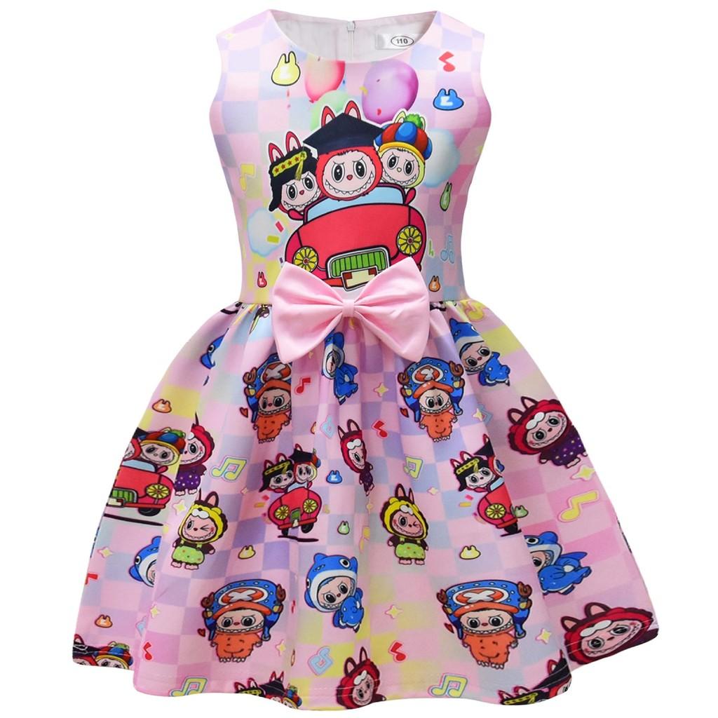 Детское платье для девочек, аниме, мультяшный принт эльфа, без рукавов, с бантом, повседневное, для вечеринки, принцессы