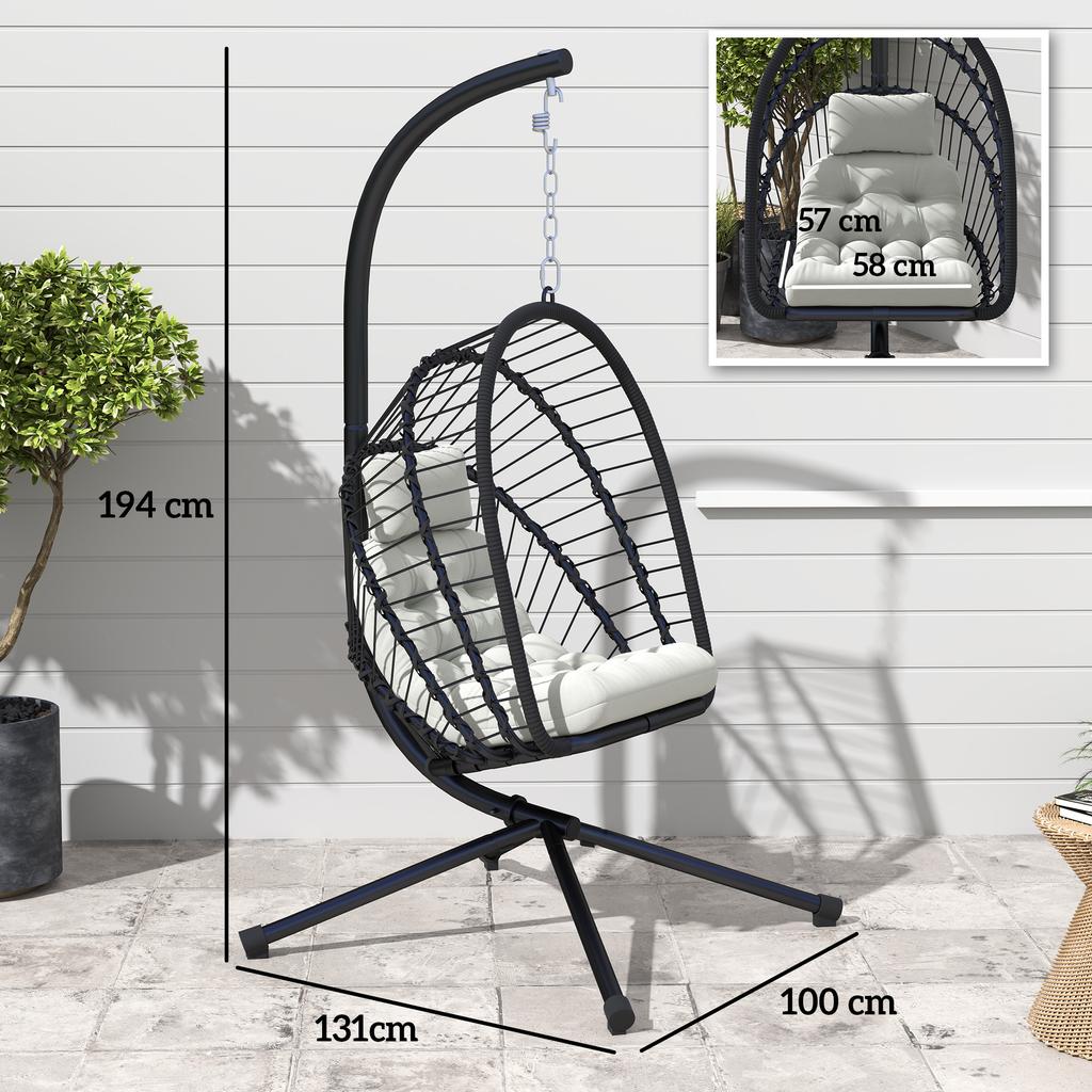 Outdoor PE Rattan Swing Chair with Foldable Basket and Cushion, Garden Patio Hanging Egg Chair with Metal Stand, Headrest for Indoor and Outdoor