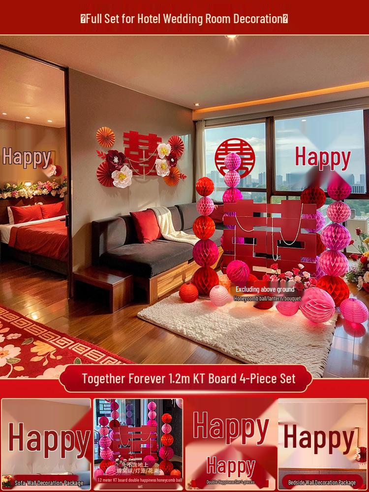 Bridal Wedding Room Decoration Set with No-Trace Double Happiness for Hotels and Living Rooms