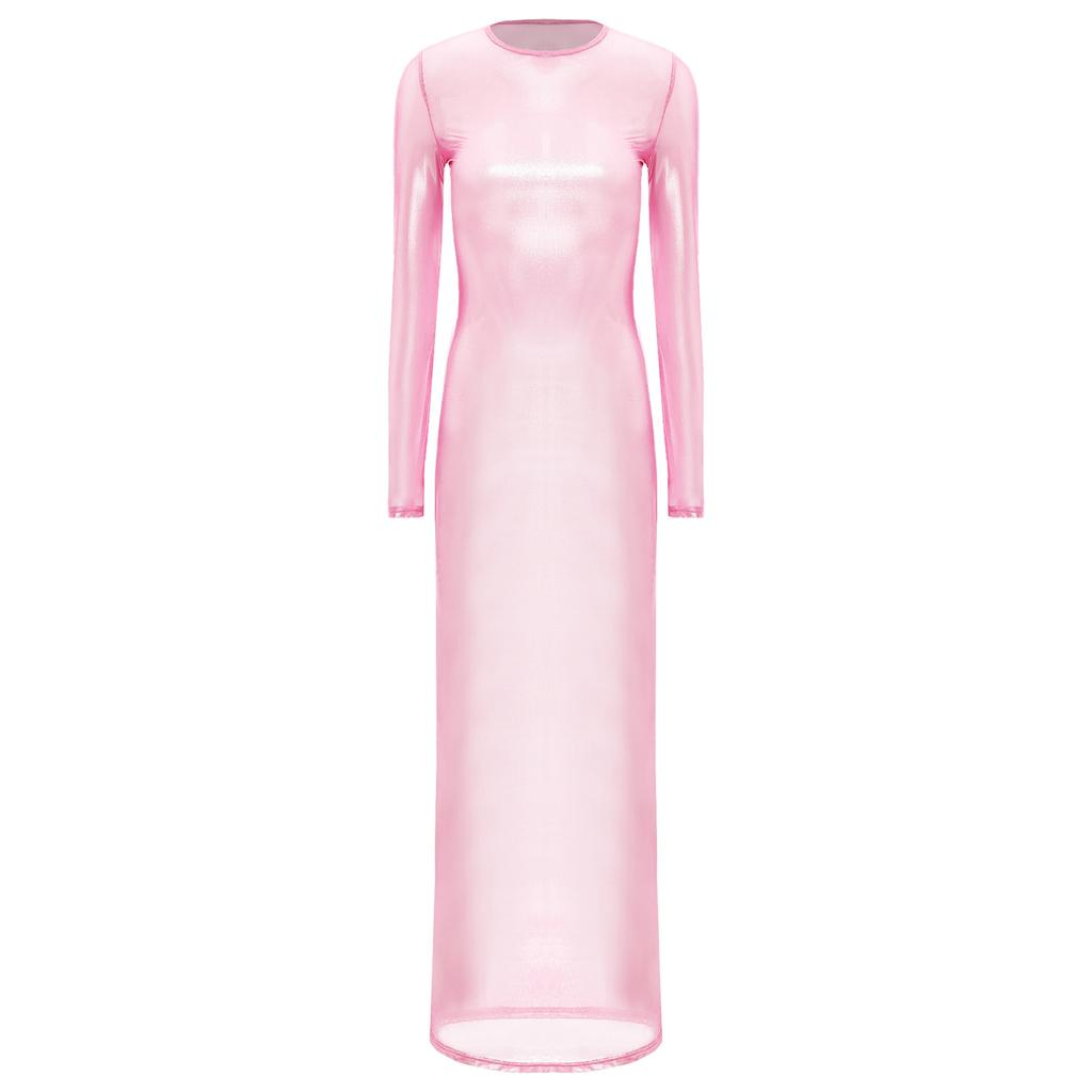 Женское прозрачное платье с длинным рукавом, с металлическим блеском, просвечивающее, в стиле макси, для клуба, ночное белье, забавное платье-нижнее белье