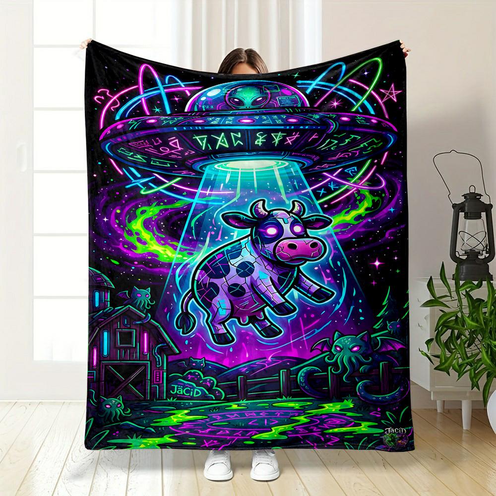"Neon UFO Abduction Cow Design" Patterned flannel blanket perfect for the bedroom living room, sofa, or a little nap