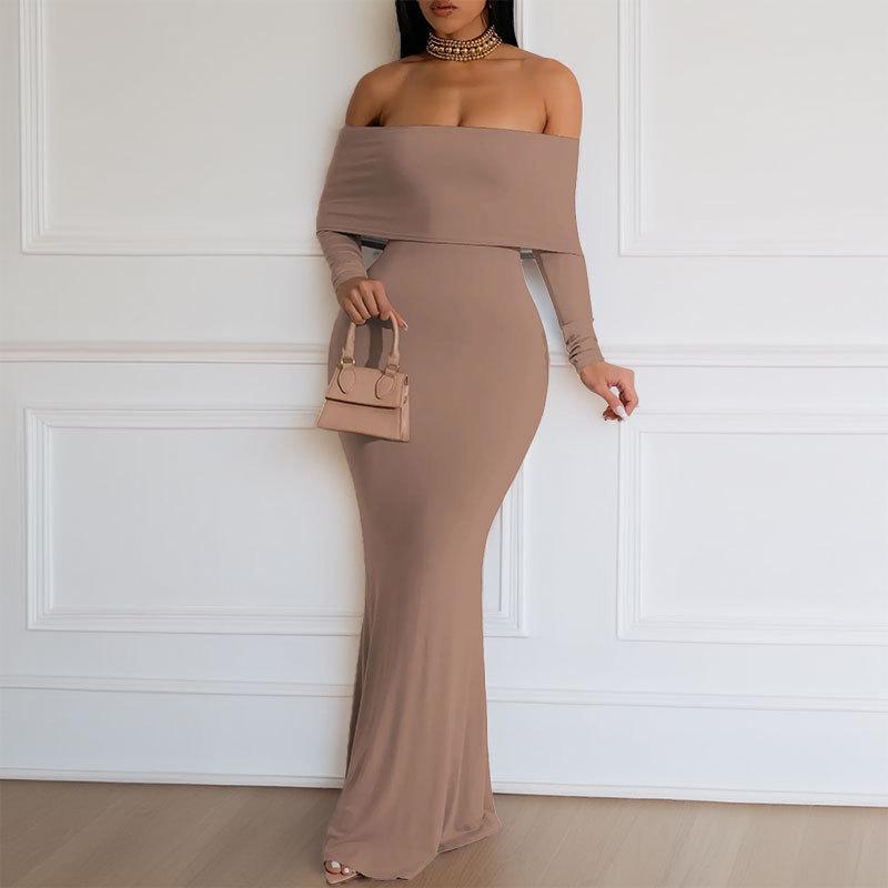 Весенняя женская мода однотонное сексуальное платье с открытым плечом и длинной юбкой