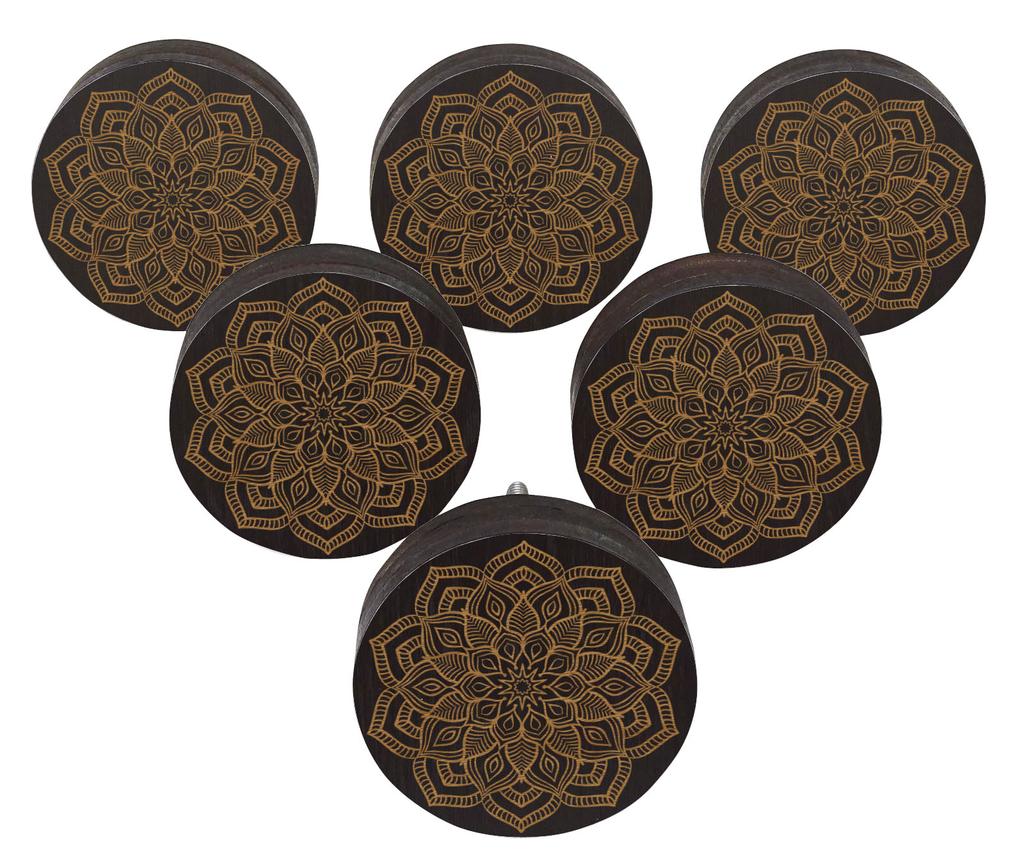 IBA Indianbeautifulart Brown Engraved Knobs Pack of 10 Wooden Wardrobe Door Knobs Drawer