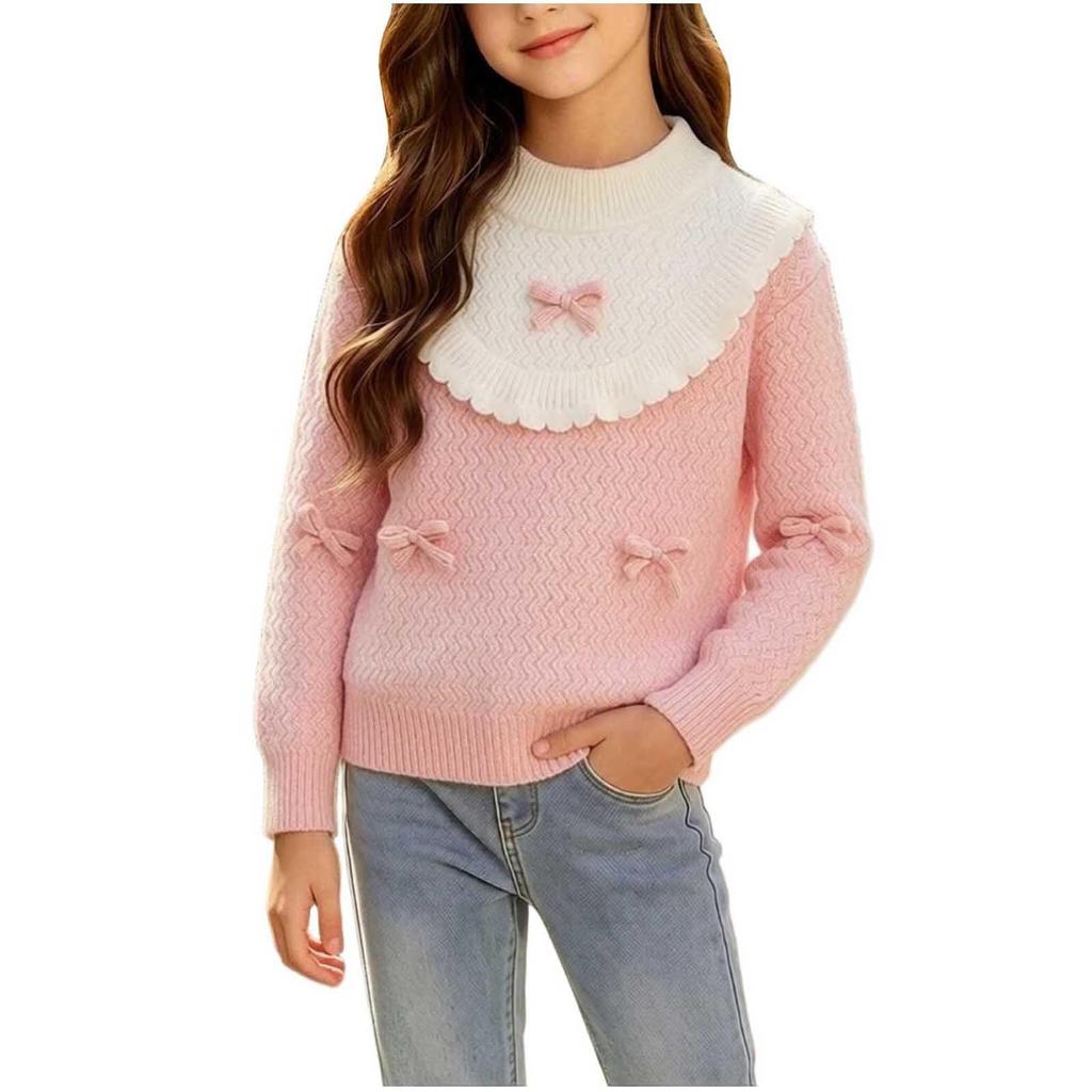 Девочковый вязаный свитер с круглым вырезом, с длинным рукавом, пуловер