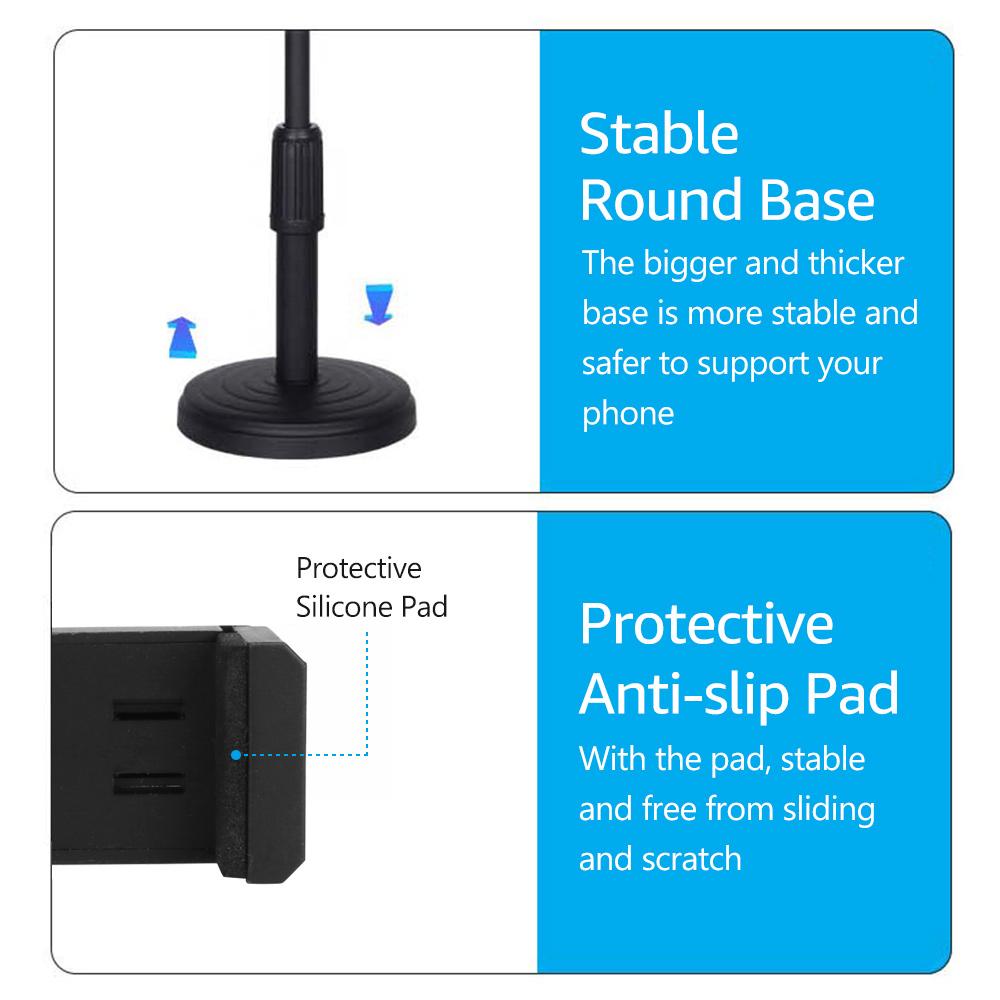 Desktop Cell Phone Stand Holder Clamp Tablet Stand Adjustable Height Portable Stable Round Base for Watching Online