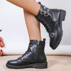 Fashion Women's Solid Lace Up Fashion Boots 2024 Autumn Heart Buckle Thick Heel Short Boots Pu Leather Side Zip Square Heel Women Boots