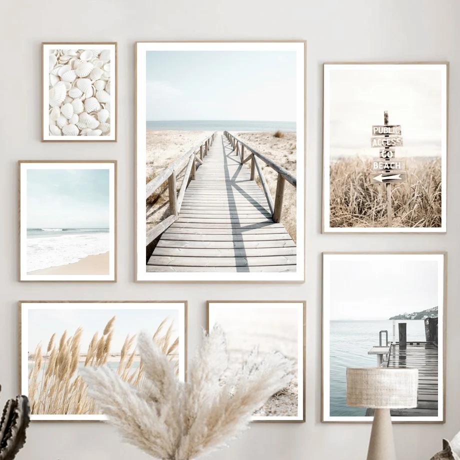 Beach Shell Starfish Bridge And Prints Wall Art Nordic Posters Canvas Painting Wall Pictures For Living Room Marine Style Decor