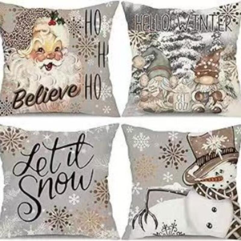 Набор из 4 двусторонних рождественских наволочек - Санта Снеговик Смесь льна Декор для дивана Праздничные акценты для дома