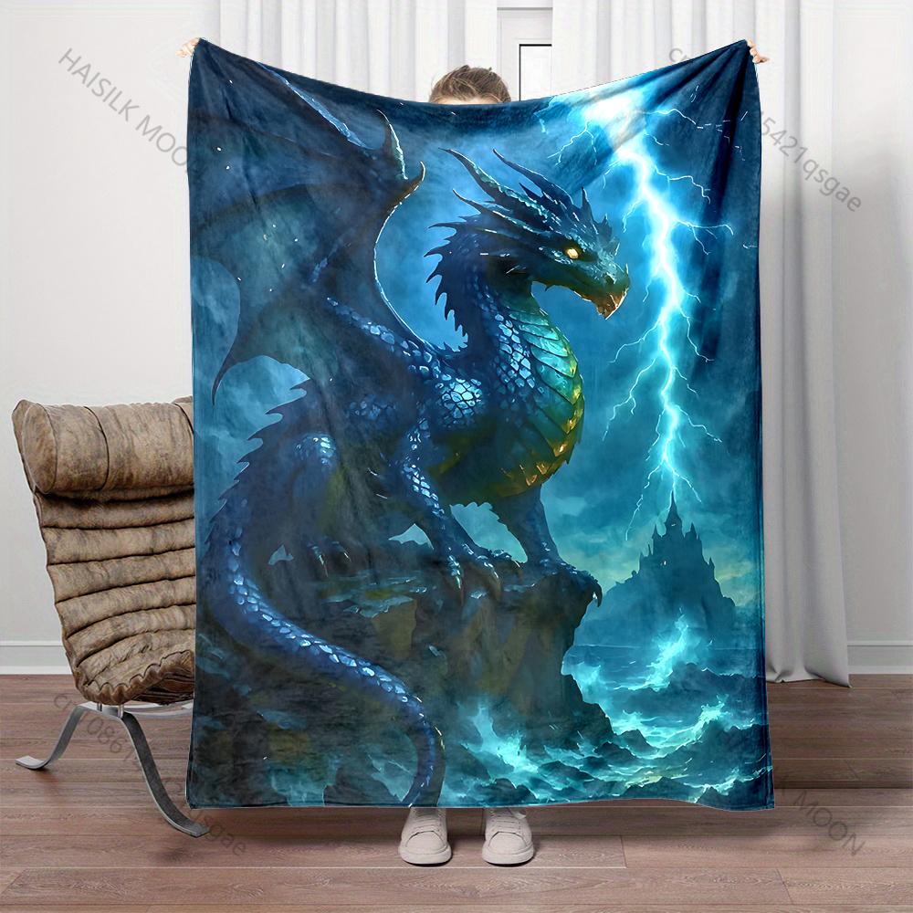 Multiple sizes Blue dragon faces lightning Print Blanket Flannel Material Soft Warm for All Seasons Home Outdoor Camping Picnics