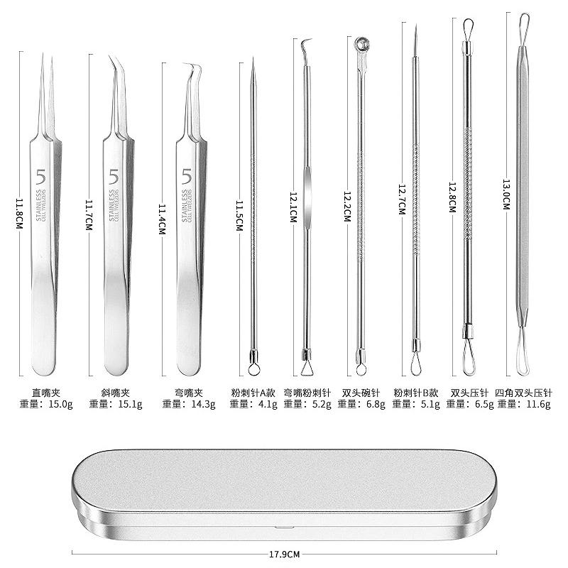 8-Piece Acne Extraction Tool Set In Stainless Steel Box, Professional For Spas And Beauty Salons (Includes Free 10Pcs Pad)