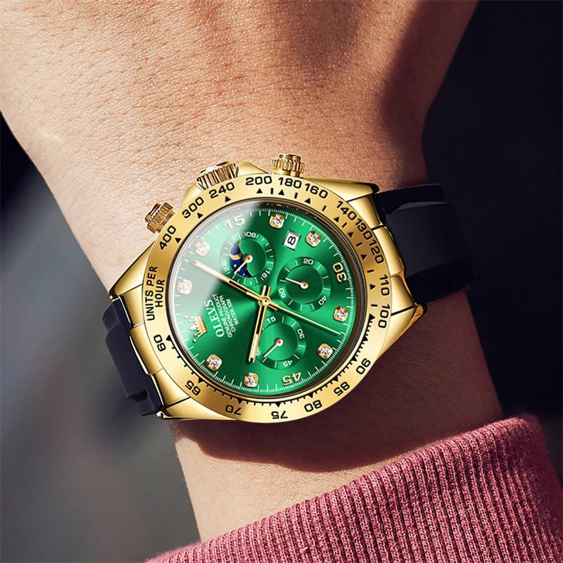 OLEVS Gold Green Moon Phase Men Watches Luxury Trend Quartz Clock Luminous Calendar Waterproof Silicone Strap Watch Montre Homme