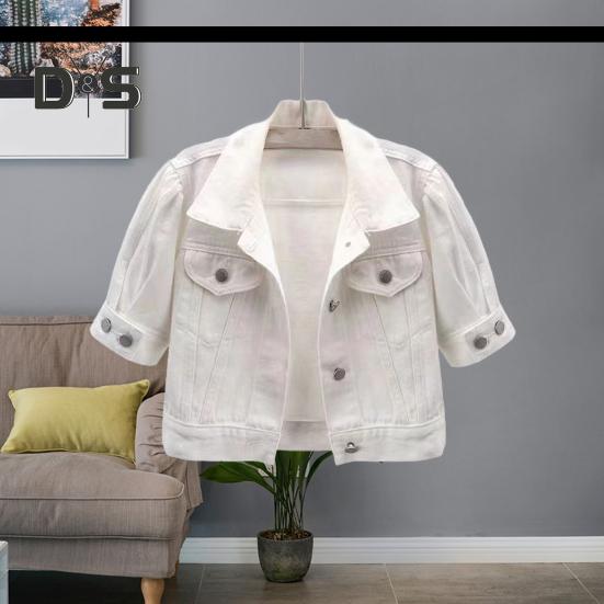 Women's Cropped Denim Jacket Short Sleeve Jean Jacket Lapel Button Down Trucker Coat Summer Casual White Thin Top