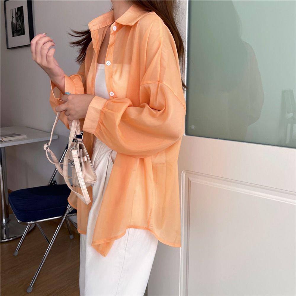 Chiffon Women Shirt Blouse Solid Color Female Loose Cardigan Casual Long Sleeve Top