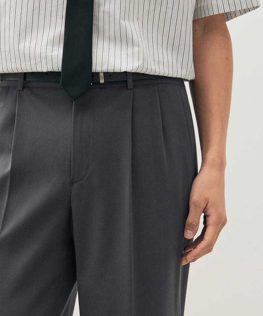 DRAW FIT Double-Pleated Elastic Waist Wide Slacks [Blue Grey]