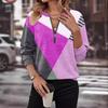 Autumn and Winter Color Blocked Loose Zipper Long Sleeved V-neck Sweatshirt for Women