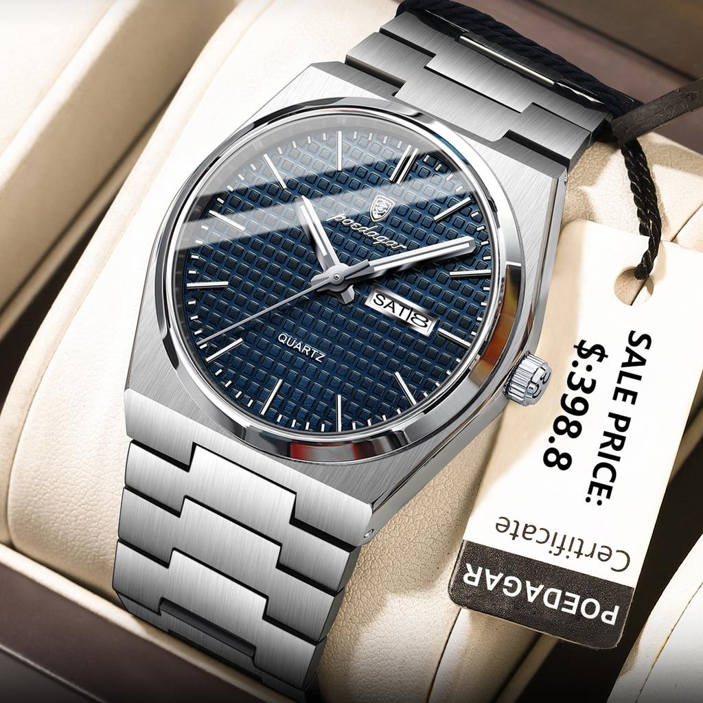 Luxury Round Fashion Man Wristwatch Waterproof Luminous Date Week Quartz Men's Watches Stainless Steel Men Watch Reloj