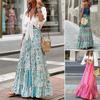 Women Vacation Skirt Drawstring Elastic High Waist A-line Big Swing Colorful Print Shirring Patchwork Bohemian Style