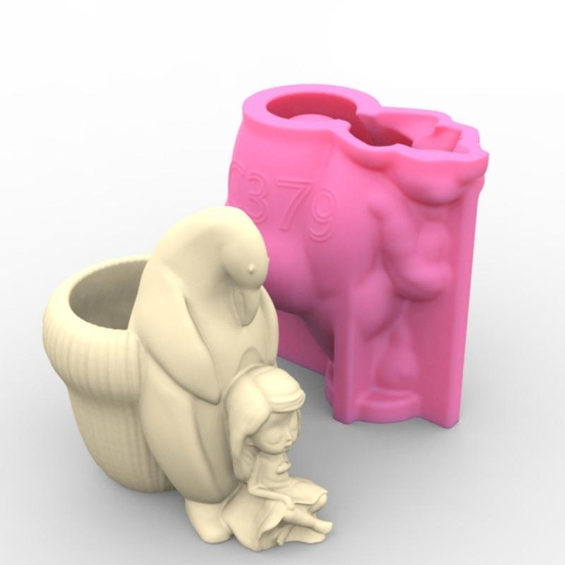 Penguins & Girls Flower Silicone Molds Pen Holder Epoxy Resin Mold Succulent Planter Making Tool for Crafts