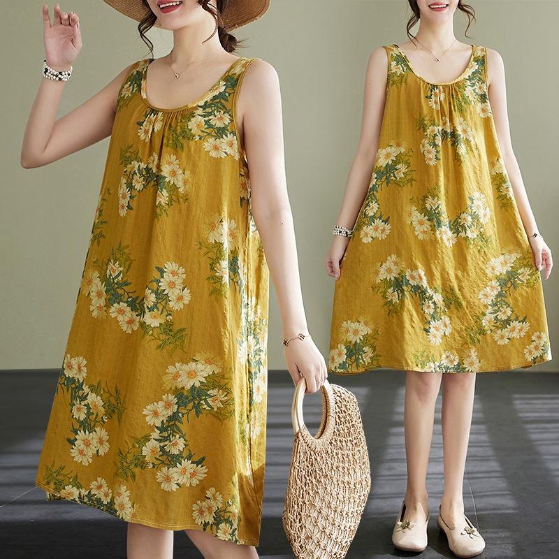 Летнее платье Plus Artistic Loose без рукавов с круглым вырезом и принтом на подтяжках А-силуэта для женщин