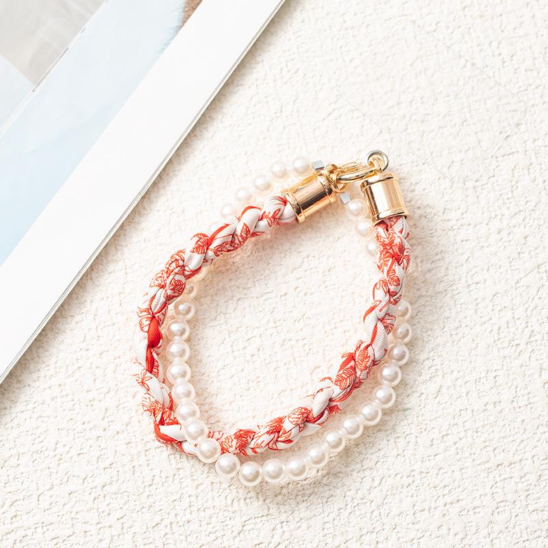Douyin-Style Pearl Phone Lanyard with Silk Scarf Strap & Pendant