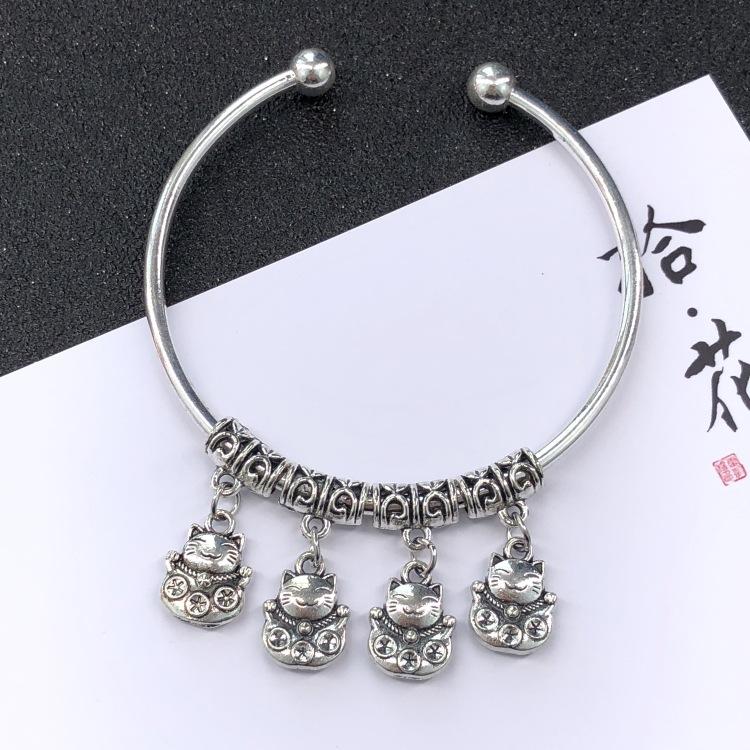 Retro Ethnic Style Tibetan Silver Bracelet Women's Versatile Fashion Bell Flower Pendant Adjustable Bracelet with Accessories