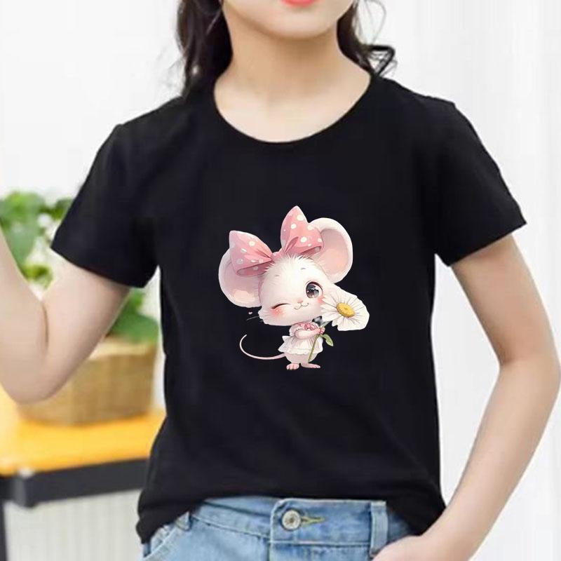 Kids Cotton T Shirt Adorable Mouse With Bow Flower Print Crew Neck Short Sleeve Tee Casual Boys Girls Summer Tops