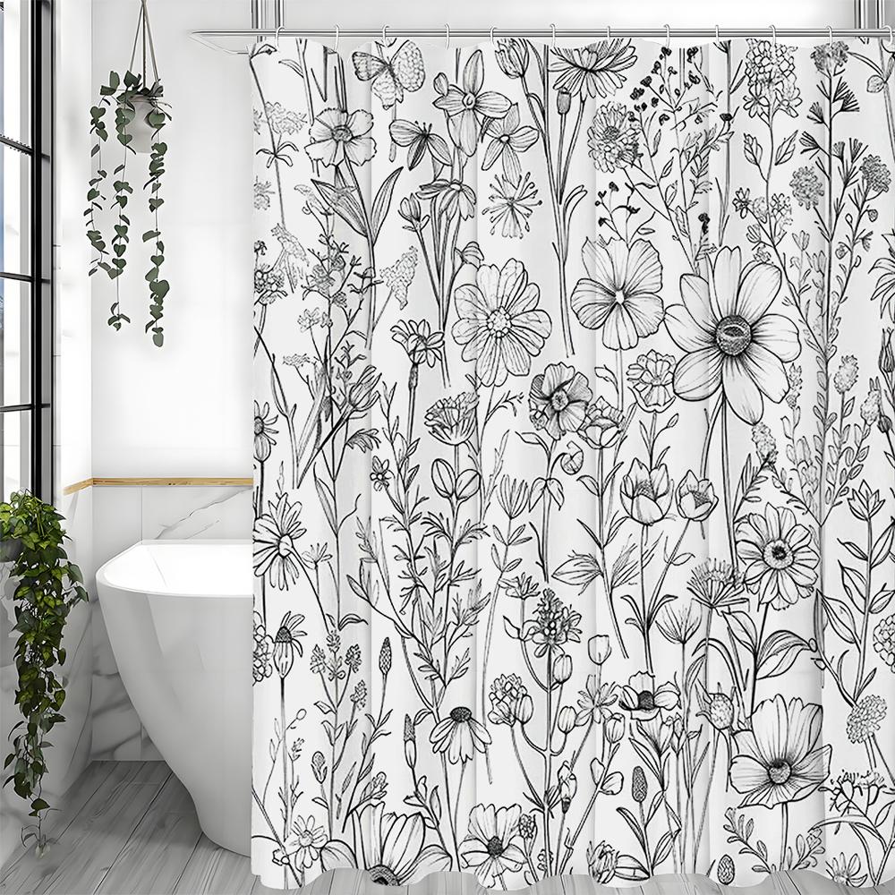 Black and White Floral Shower Curtain, Bathroom Decorative Shower Curtain, Waterproof Shower Curtain with Hooks