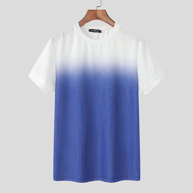 INCERUN Мужские футболки с коротким рукавом, градиентные, с вырезами, повседневные, свободные