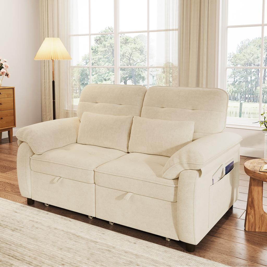 3-in-1 Double Sofa Bed with Adjustable Backrest and Bed Function, Convertible Sofa with USB Charging Port, Chenille Fabric, Beige, incl. 2 Cushions