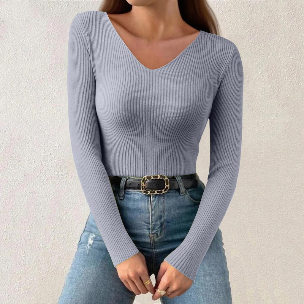 Women's Fashion V-Neck Slim Sweater Long Sleeve Pullover Solid Colour Top
